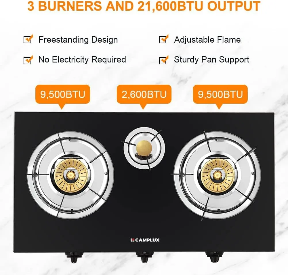 Camplux Propane Gas Stove with 21,600BTU, 3 Burners Propane Stove, Tempered Glass Camping Cooking Stove