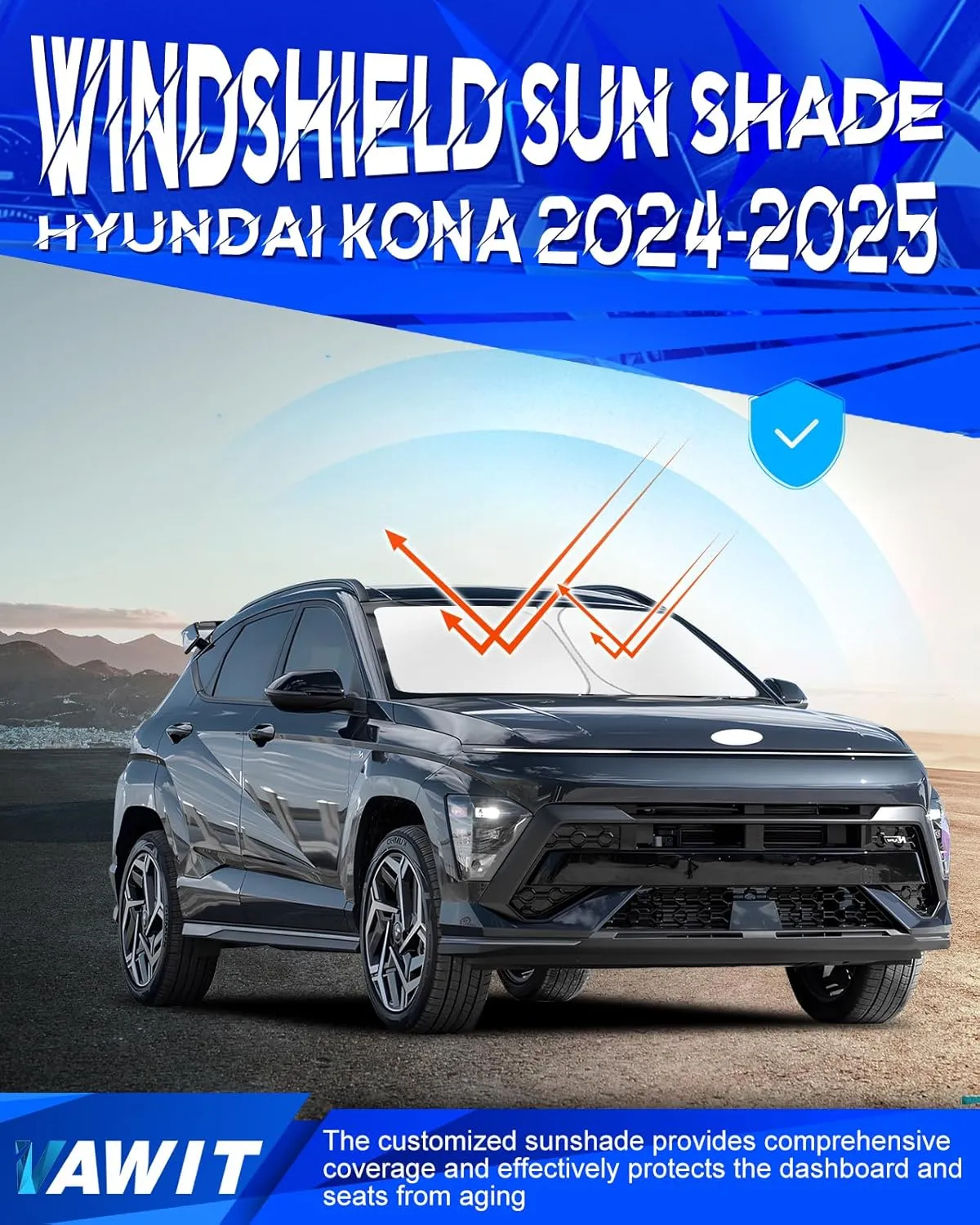 Car Windshield Sun Shade Compatible with Hyu-ndai Kona 2024 2025 Accessories, Foldable Window Sunshade Block UV Rays and Sun Heat