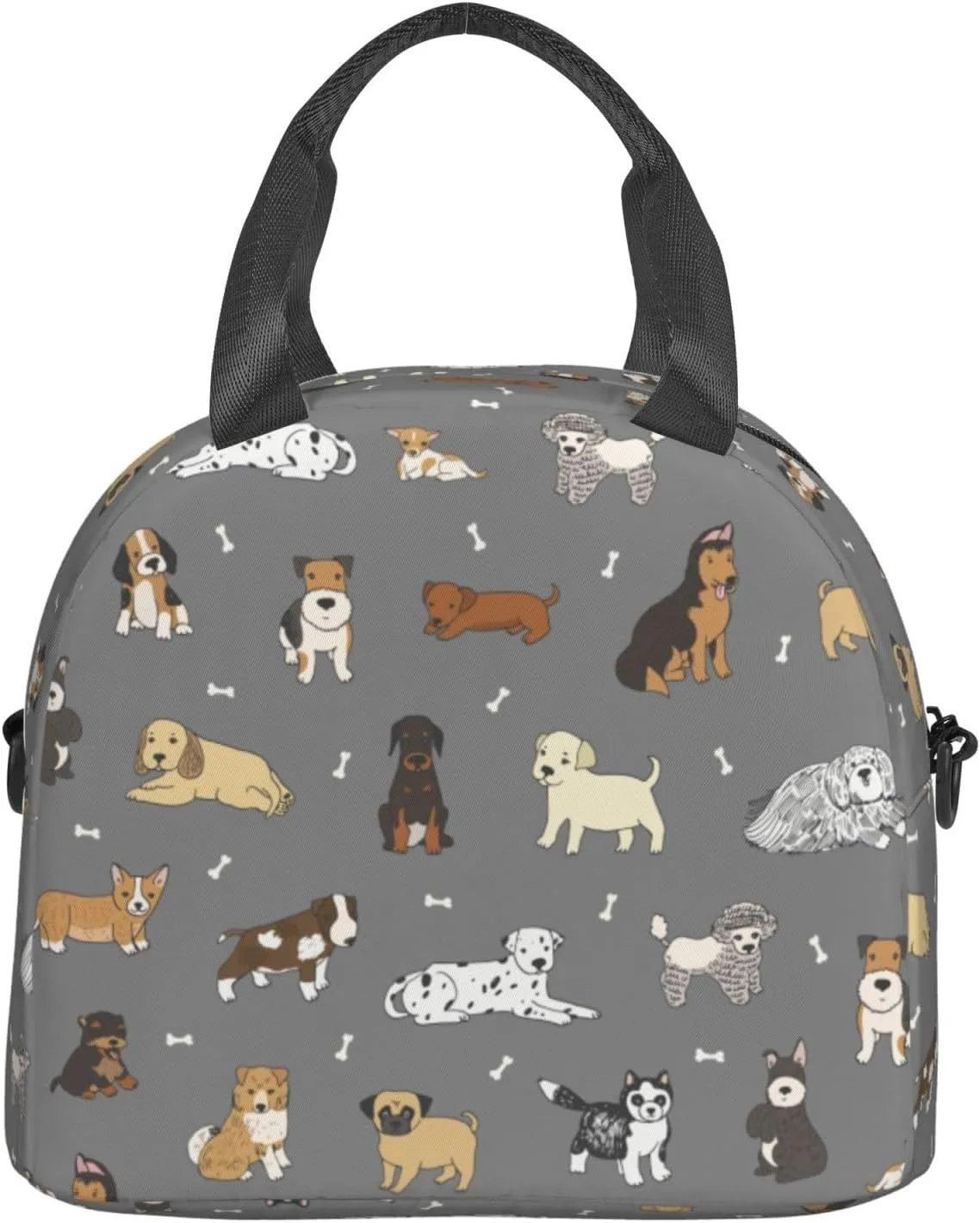 Cartoon Doodle Puppy Lunch Bag with Adjustable Shoulder Strap for Women Men Reusable Lunch Box Leakproof Tote Bags Insulated Cooler for Work Travel Outdoor(9 x 5 x 7.8 Inches)