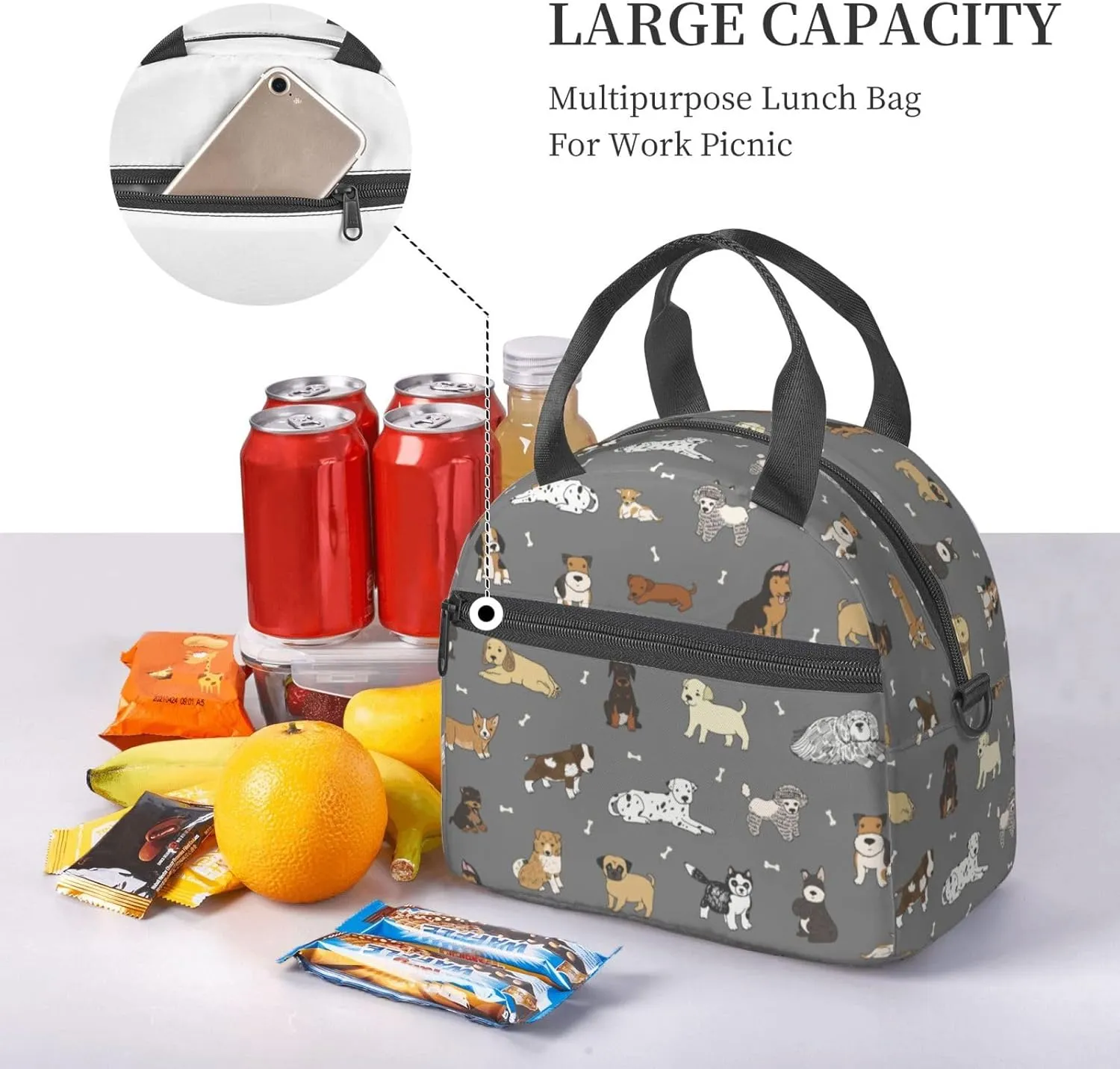 Cartoon Doodle Puppy Lunch Bag with Adjustable Shoulder Strap for Women Men Reusable Lunch Box Leakproof Tote Bags Insulated Cooler for Work Travel Outdoor(9 x 5 x 7.8 Inches)