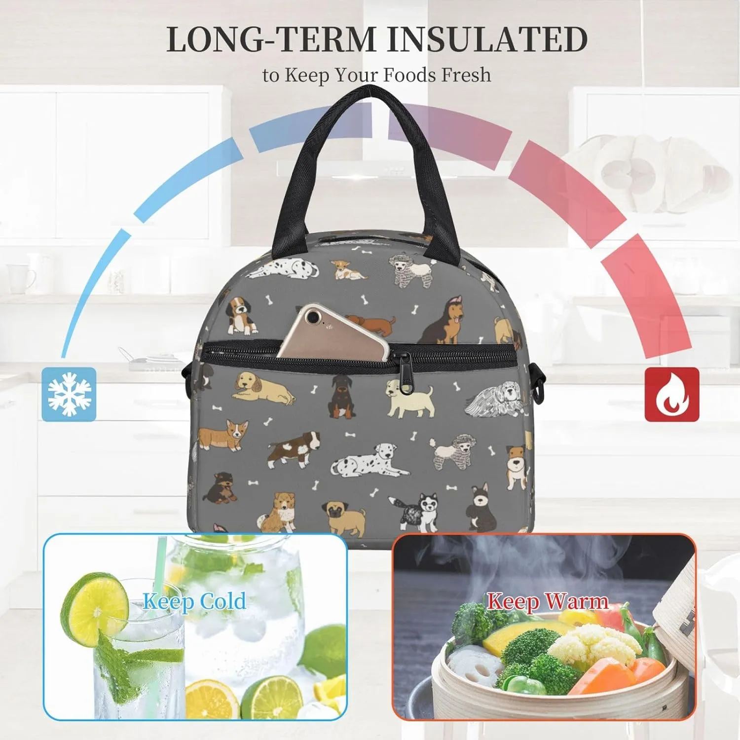 Cartoon Doodle Puppy Lunch Bag with Adjustable Shoulder Strap for Women Men Reusable Lunch Box Leakproof Tote Bags Insulated Cooler for Work Travel Outdoor(9 x 5 x 7.8 Inches)