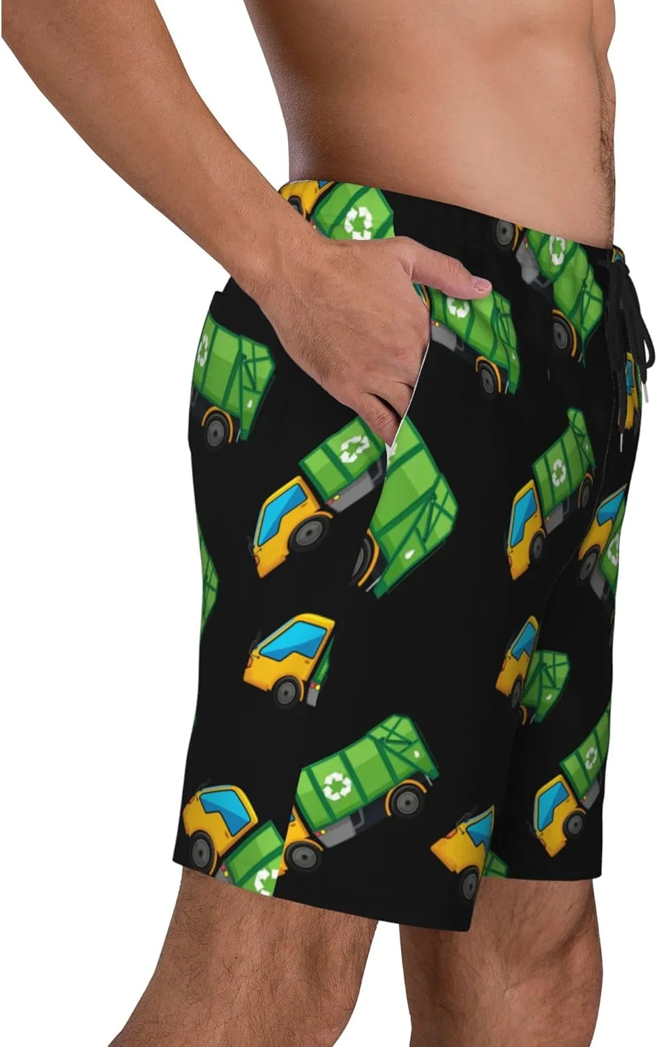 Cartoon Garbage Truck Mens Swim Trunks Quick Dry Swim Shorts Swimwear Bathing Suits with Pockets