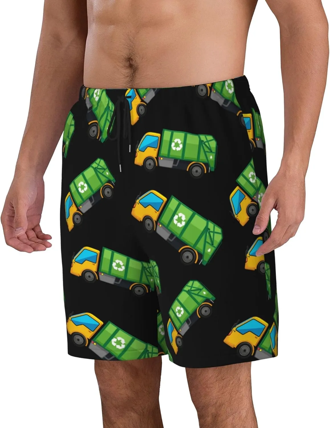 Cartoon Garbage Truck Mens Swim Trunks Quick Dry Swim Shorts Swimwear Bathing Suits with Pockets
