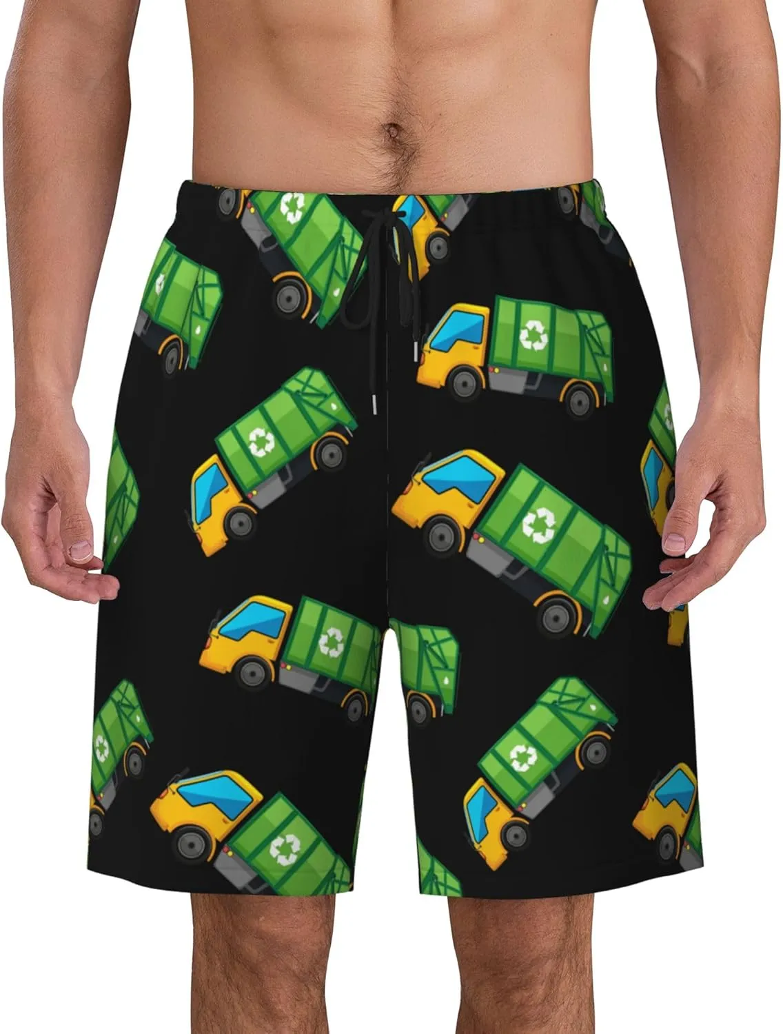 Cartoon Garbage Truck Mens Swim Trunks Quick Dry Swim Shorts Swimwear Bathing Suits with Pockets