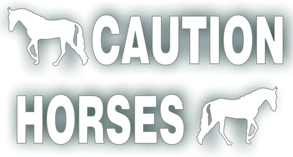 Caution Horses Trailer Decal Sticker Safety Kit - Trotter Walking Horse On Each End Reflective White-Silver 4.5x50 inch