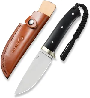 CIVIVI EDC Fixed Blade Knife with Leather Sheath, 4.6" Nitro-V Blade G10 Handle, Full Tang Cloud Peak Knife with Lanyard and Nickel Silver Guard C23044-1 (Black)