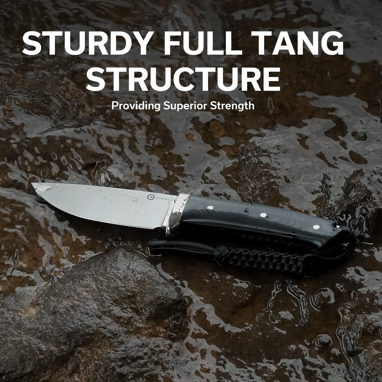 CIVIVI EDC Fixed Blade Knife with Leather Sheath, 4.6" Nitro-V Blade G10 Handle, Full Tang Cloud Peak Knife with Lanyard and Nickel Silver Guard C23044-1 (Black)