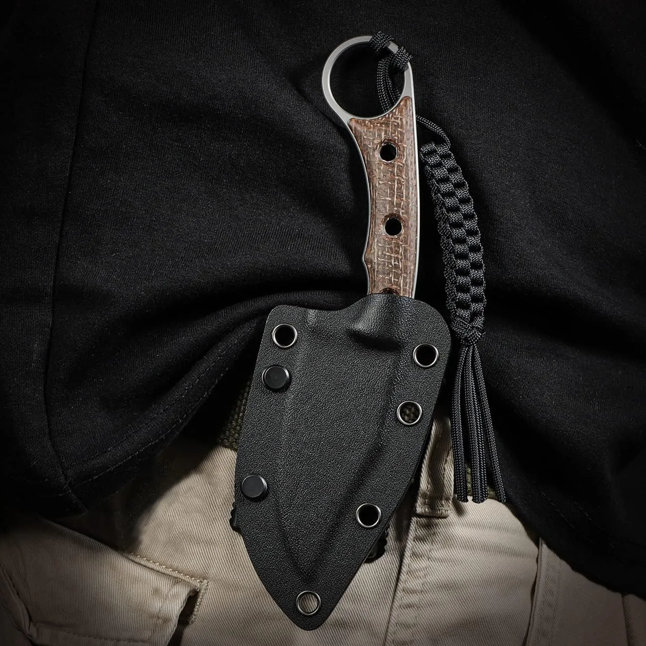 CIVIVI Midwatch Fixed Blade Knife, 3.39" Blade, with Kydex Sheath and Black Tied Paracord Lanyard C20059B