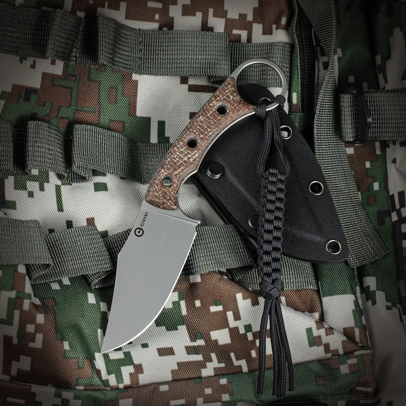 CIVIVI Midwatch Fixed Blade Knife, 3.39" Blade, with Kydex Sheath and Black Tied Paracord Lanyard C20059B