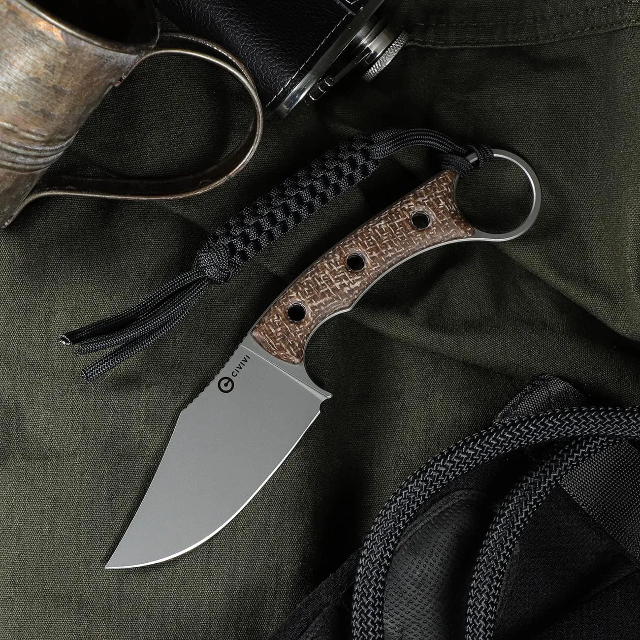 CIVIVI Midwatch Fixed Blade Knife, 3.39" Blade, with Kydex Sheath and Black Tied Paracord Lanyard C20059B