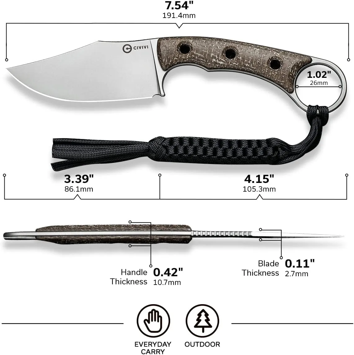 CIVIVI Midwatch Fixed Blade Knife, 3.39" Blade, with Kydex Sheath and Black Tied Paracord Lanyard C20059B