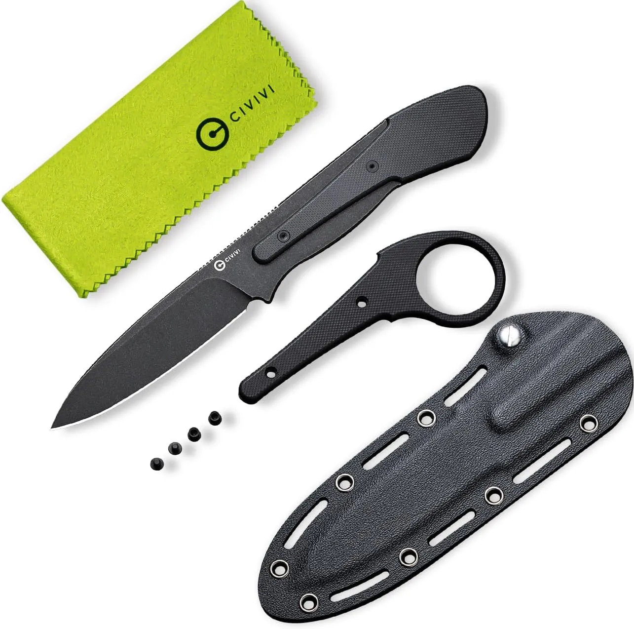 CIVIVI Varius Fixed Blade Knife with a Kydex Sheath, a Finger Ring and Conventional Handle, Full Tang Knife with 3.26" D2 Blade G10 Handle for Men Women C22009D-1