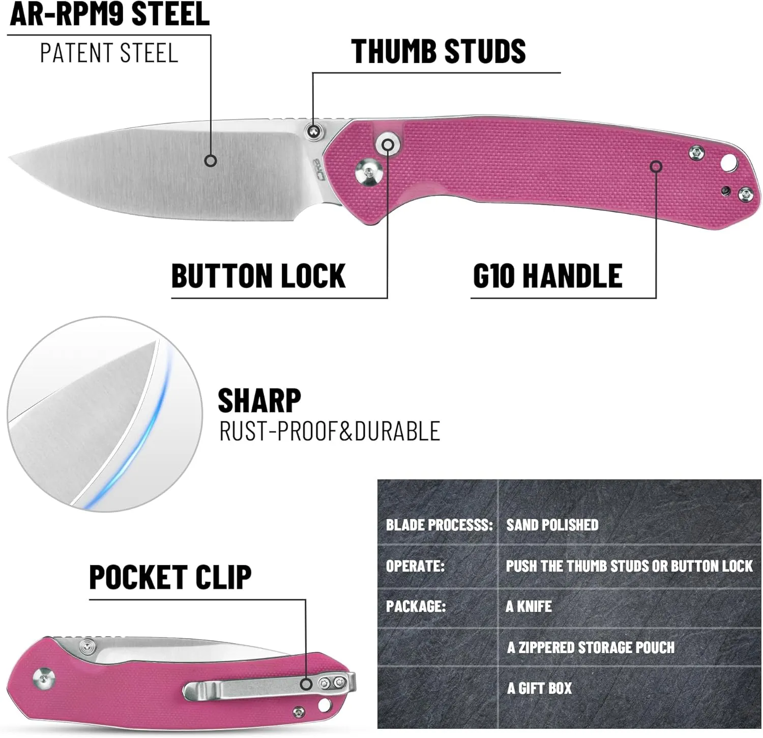 CJRB CUTLERY Pocket Knife Pyrite (J1925) EDC Small Folding Knife AR-RPM9 Steel Blade and G10 Handle Pink Outdoor for Women Men for Gifts
