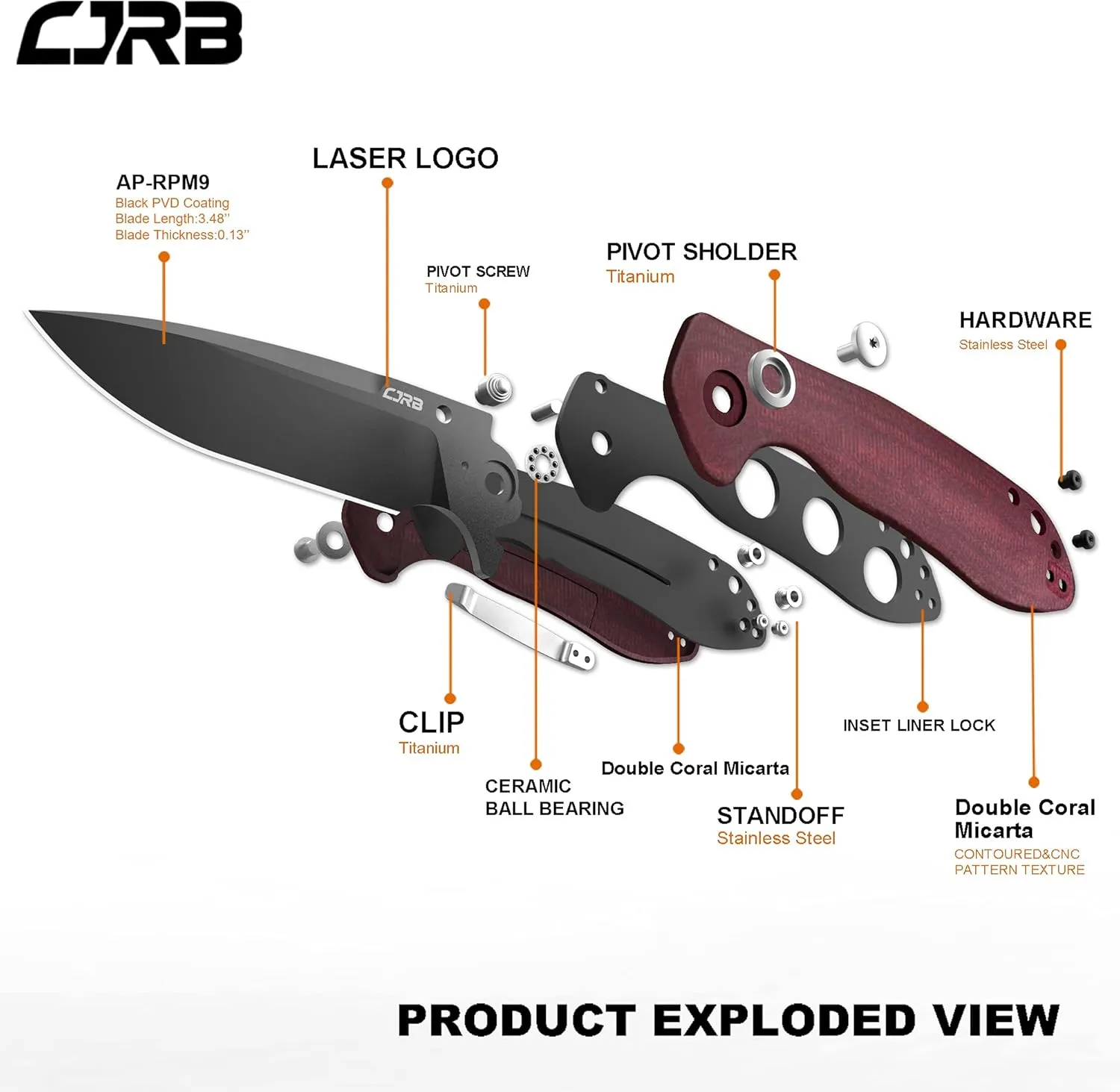CJRB CUTLERY Pocket Knife Scoria (J1920) AR-RPM9 Powder Steel Black PVD Blade Red Micarta Handle Tactical Knife Folding Knife EDC Knife