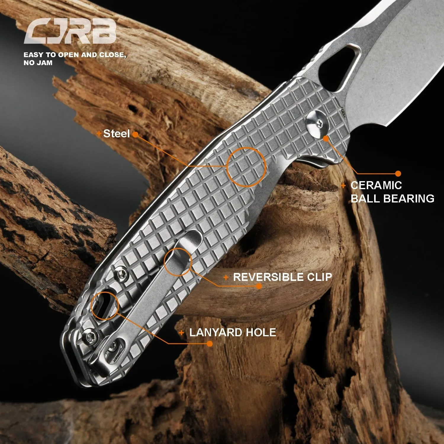 CJRB Frack Folding Pocket Knife, 3.9" AR-RPM9 Steel Blade CNC Engraving Steel Handle EDC Knife, Button Lock Knife for Tactical Outdoor Camping Gift, Stonewash (J1931)