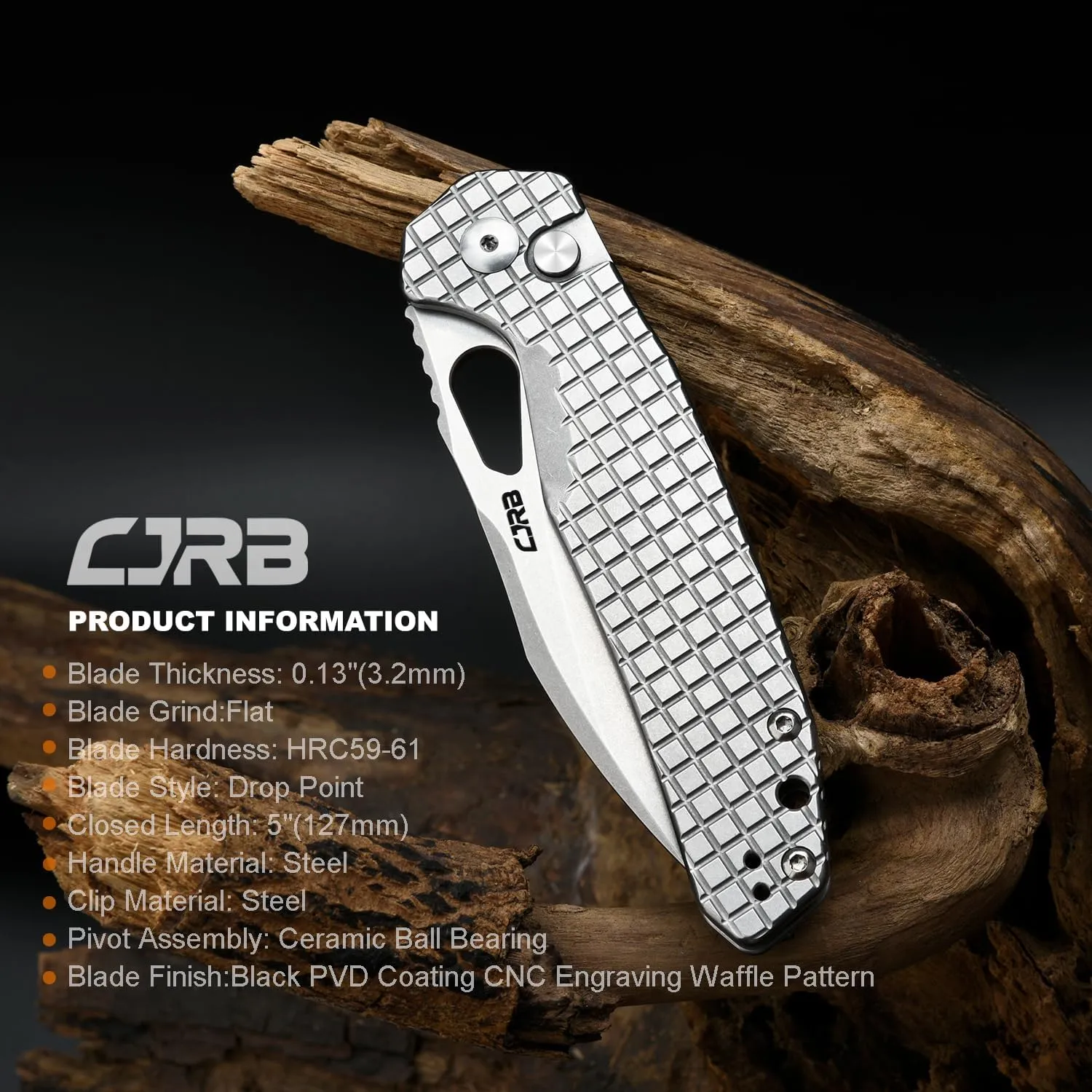 CJRB Frack Folding Pocket Knife, 3.9" AR-RPM9 Steel Blade CNC Engraving Steel Handle EDC Knife, Button Lock Knife for Tactical Outdoor Camping Gift, Stonewash (J1931)