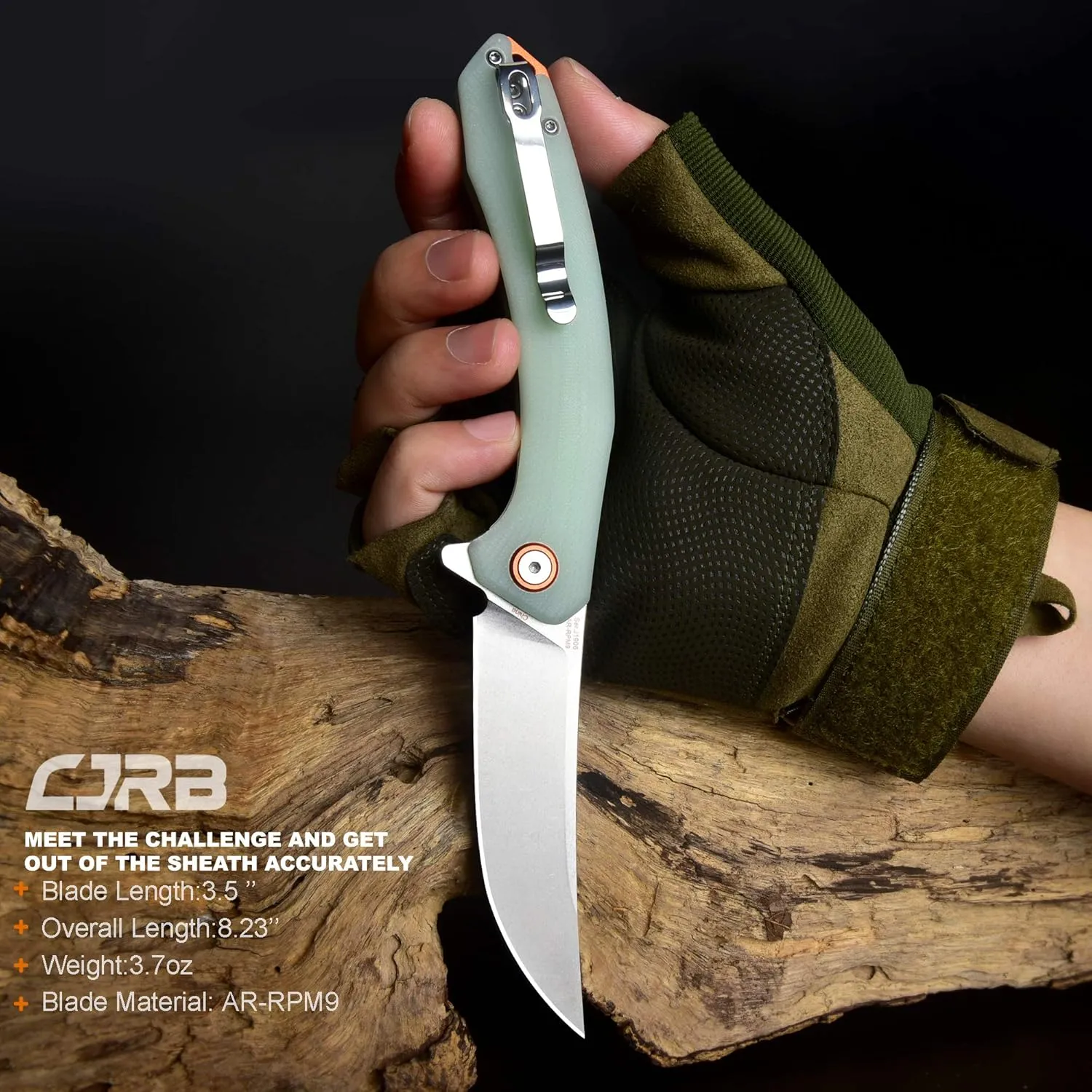 CJRB Small Folding Pocket Knife with Stonewash AR-RPM9 Powder Steel Blade and G10 Handle Tactical Knife for Men Womens EDC Outdoor Survival Camping Hunting Hiking, Gobi(J1906) Natural Green