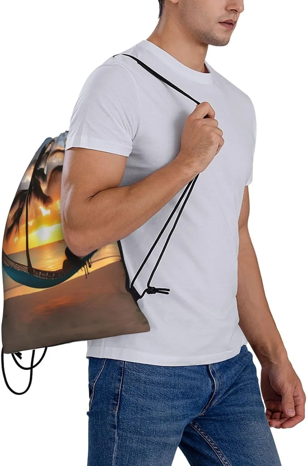 Coconut Beach Sunset Hammock Print Sports Drawstring Backpack,Water Resistant Bag, Gym Backpack for Women Men