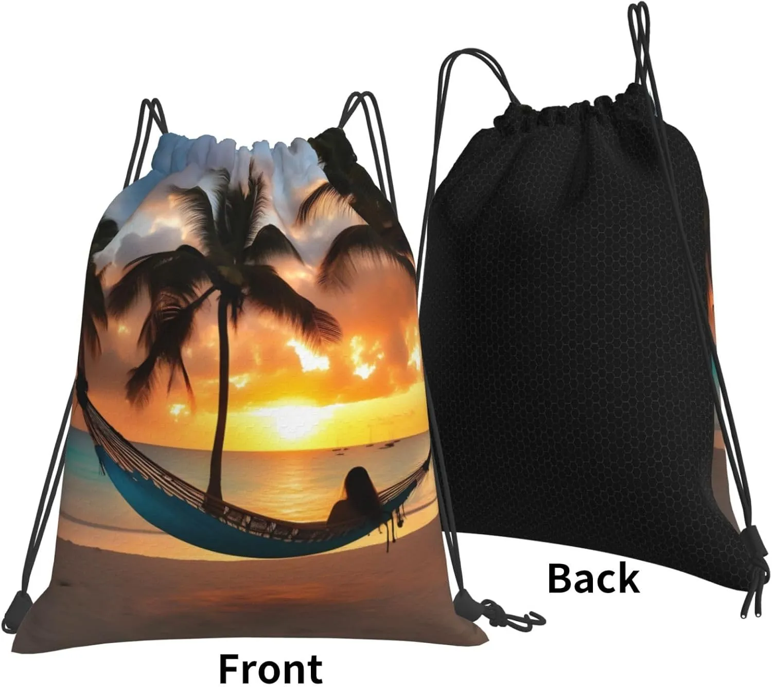 Coconut Beach Sunset Hammock Print Sports Drawstring Backpack,Water Resistant Bag, Gym Backpack for Women Men