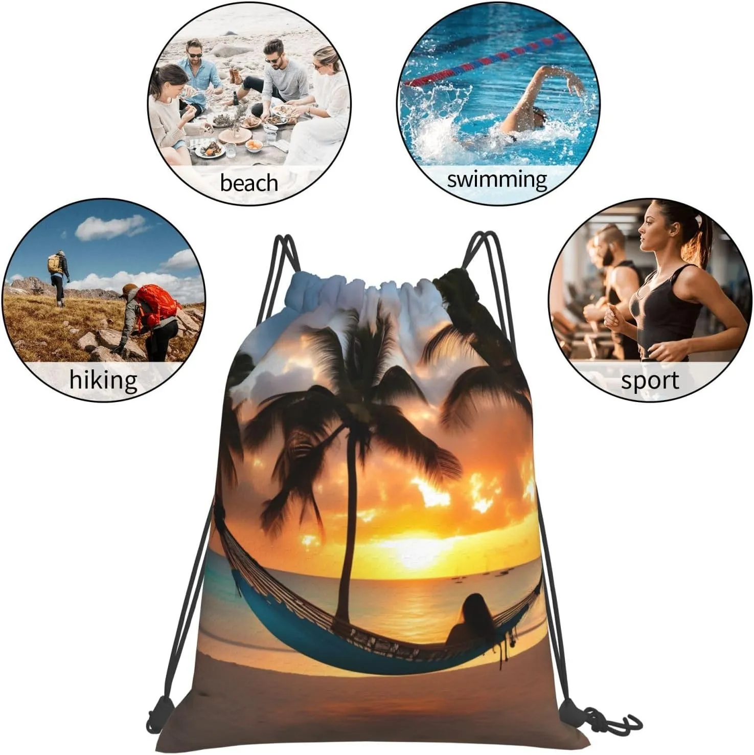Coconut Beach Sunset Hammock Print Sports Drawstring Backpack,Water Resistant Bag, Gym Backpack for Women Men