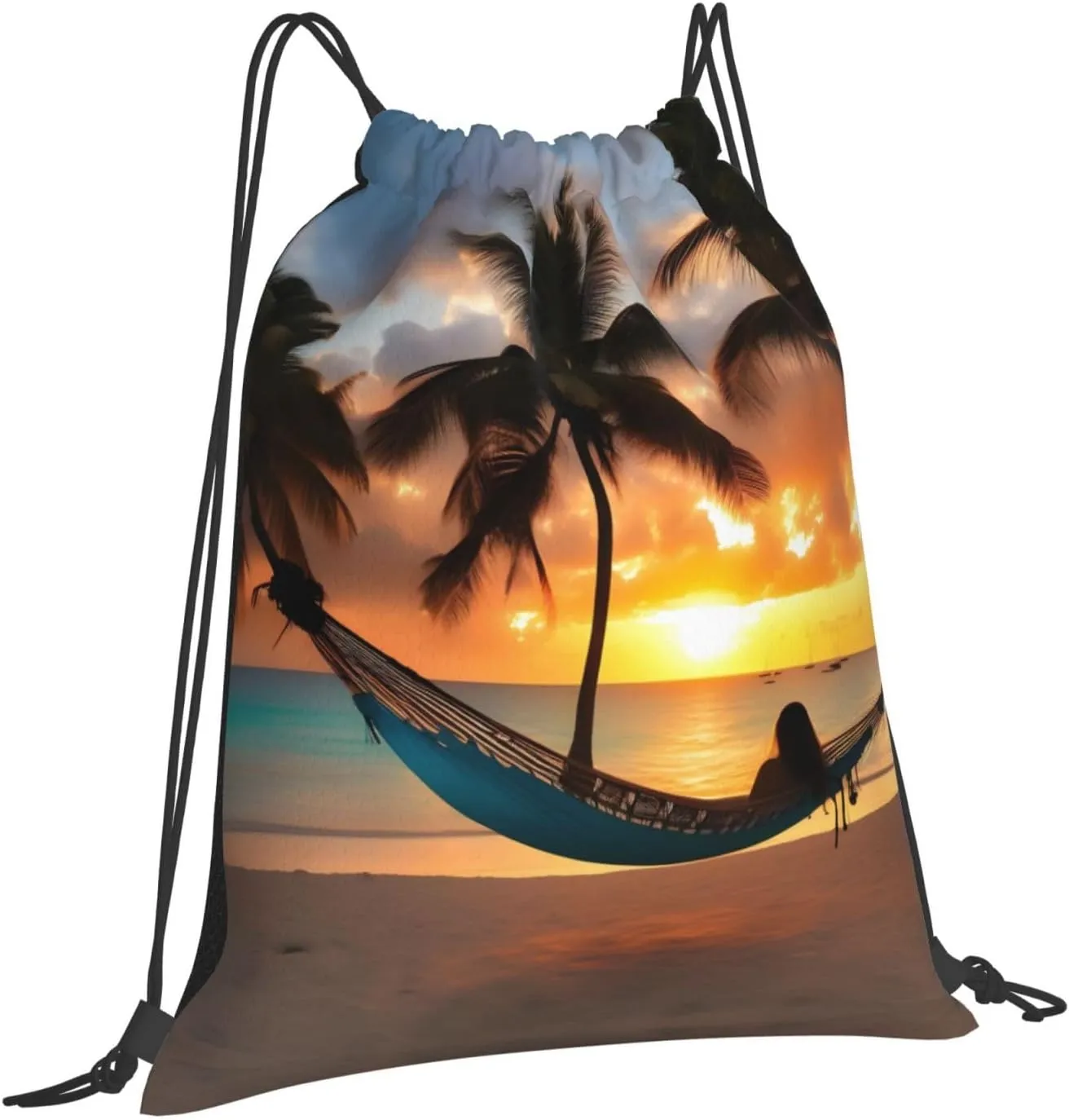 Coconut Beach Sunset Hammock Print Sports Drawstring Backpack,Water Resistant Bag, Gym Backpack for Women Men