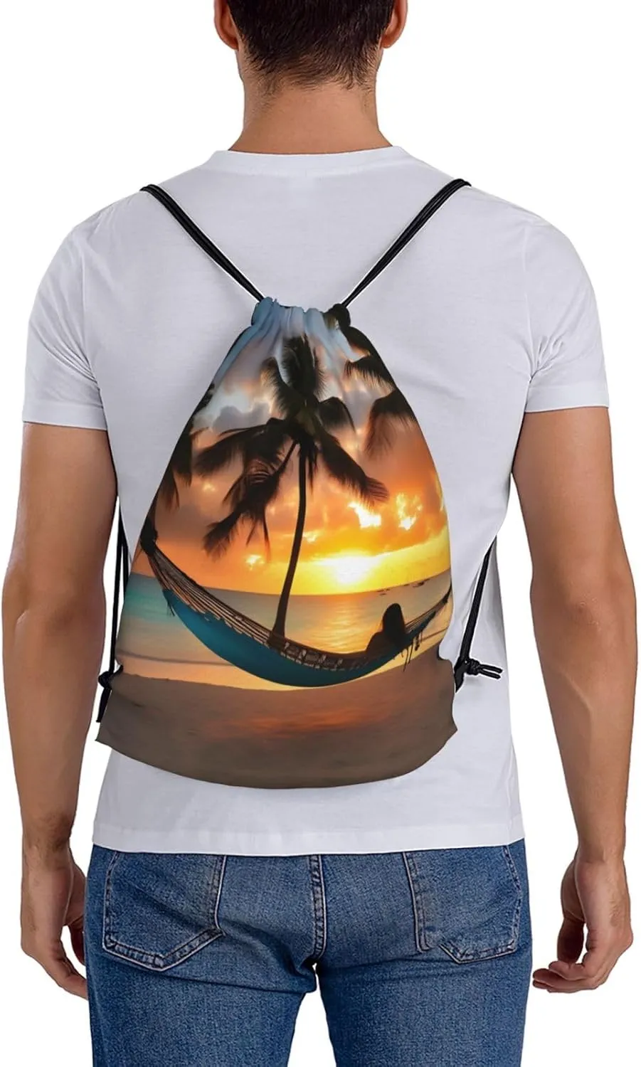 Coconut Beach Sunset Hammock Print Sports Drawstring Backpack,Water Resistant Bag, Gym Backpack for Women Men