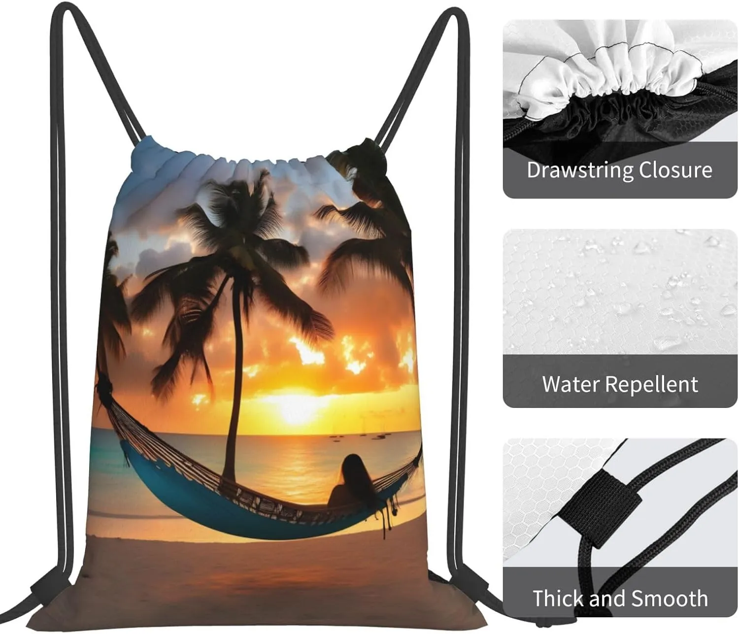Coconut Beach Sunset Hammock Print Sports Drawstring Backpack,Water Resistant Bag, Gym Backpack for Women Men