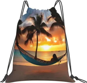 Coconut Beach Sunset Hammock Print Sports Drawstring Backpack,Water Resistant Bag, Gym Backpack for Women Men