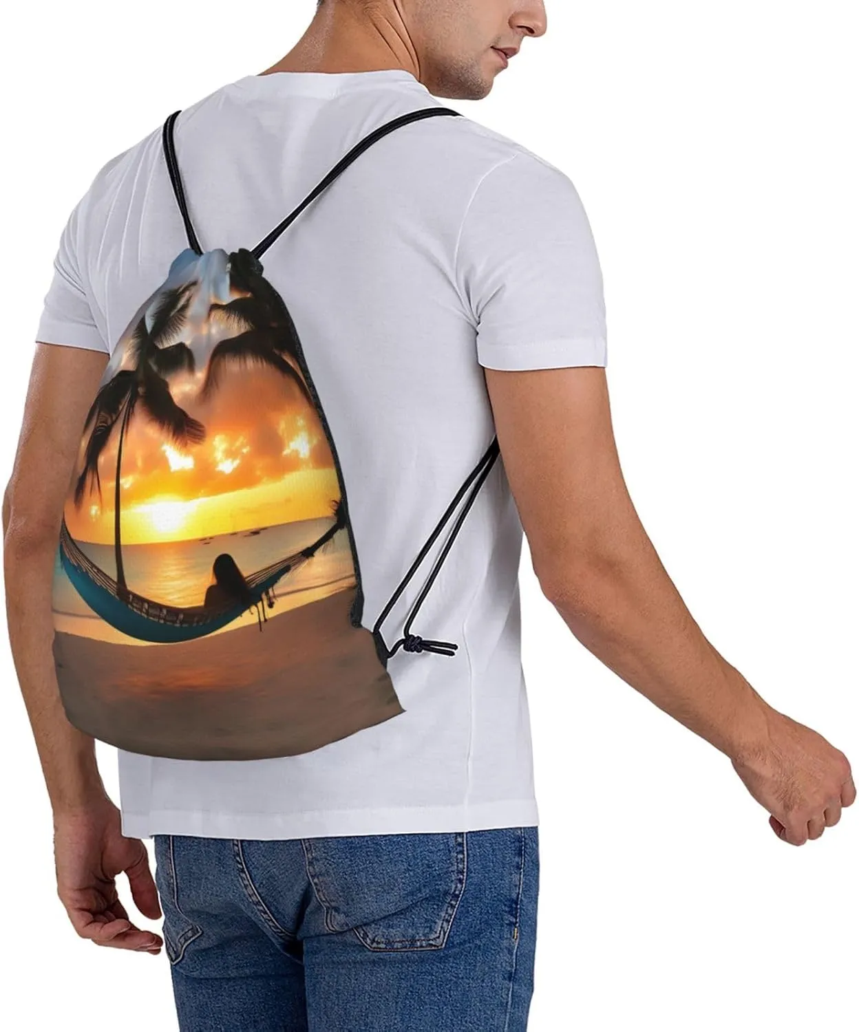 Coconut Beach Sunset Hammock Print Sports Drawstring Backpack,Water Resistant Bag, Gym Backpack for Women Men