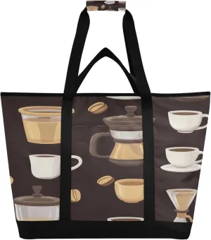 Coffee Pattern Reusable Insulated Cooler Bag with Ice Pack Compartment - Large 47L Waterproof Thermal Grocery Tote for Picnic Beach Camping Lunch Storage