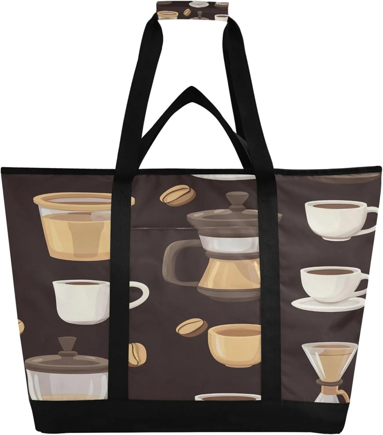 Coffee Pattern Reusable Insulated Cooler Bag with Ice Pack Compartment - Large 47L Waterproof Thermal Grocery Tote for Picnic Beach Camping Lunch Storage