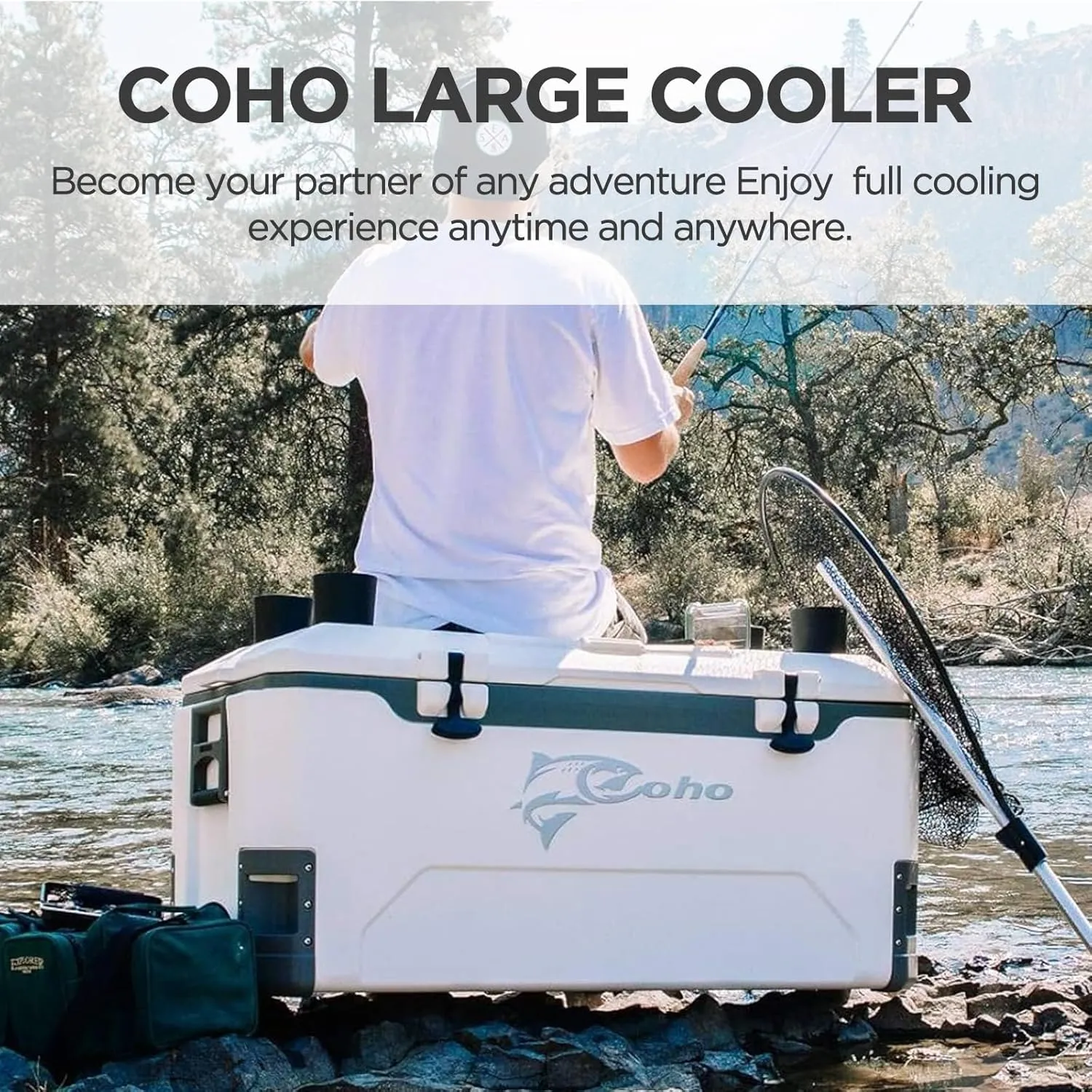 COHO 165QT Insulated Hard Cooler with Fish Ruler, Removable Cup Holders, Magnetic Disc & Tie-Down Loops, Ice Chest for Camping, Boating & Outdoor Use, Keeps Ice Up to 7 Days