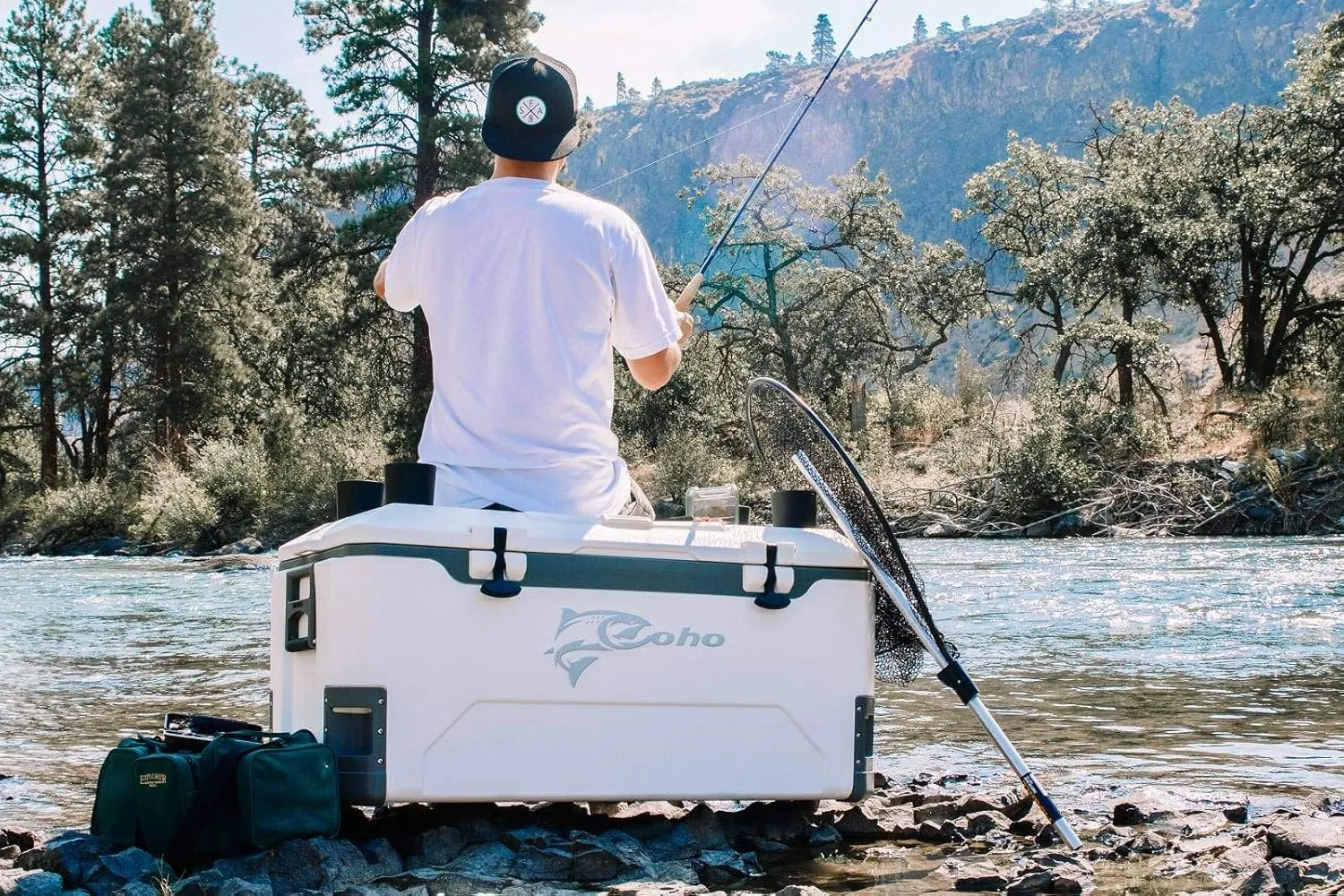 COHO 165QT Insulated Hard Cooler with Fish Ruler, Removable Cup Holders, Magnetic Disc & Tie-Down Loops, Ice Chest for Camping, Boating & Outdoor Use, Keeps Ice Up to 7 Days