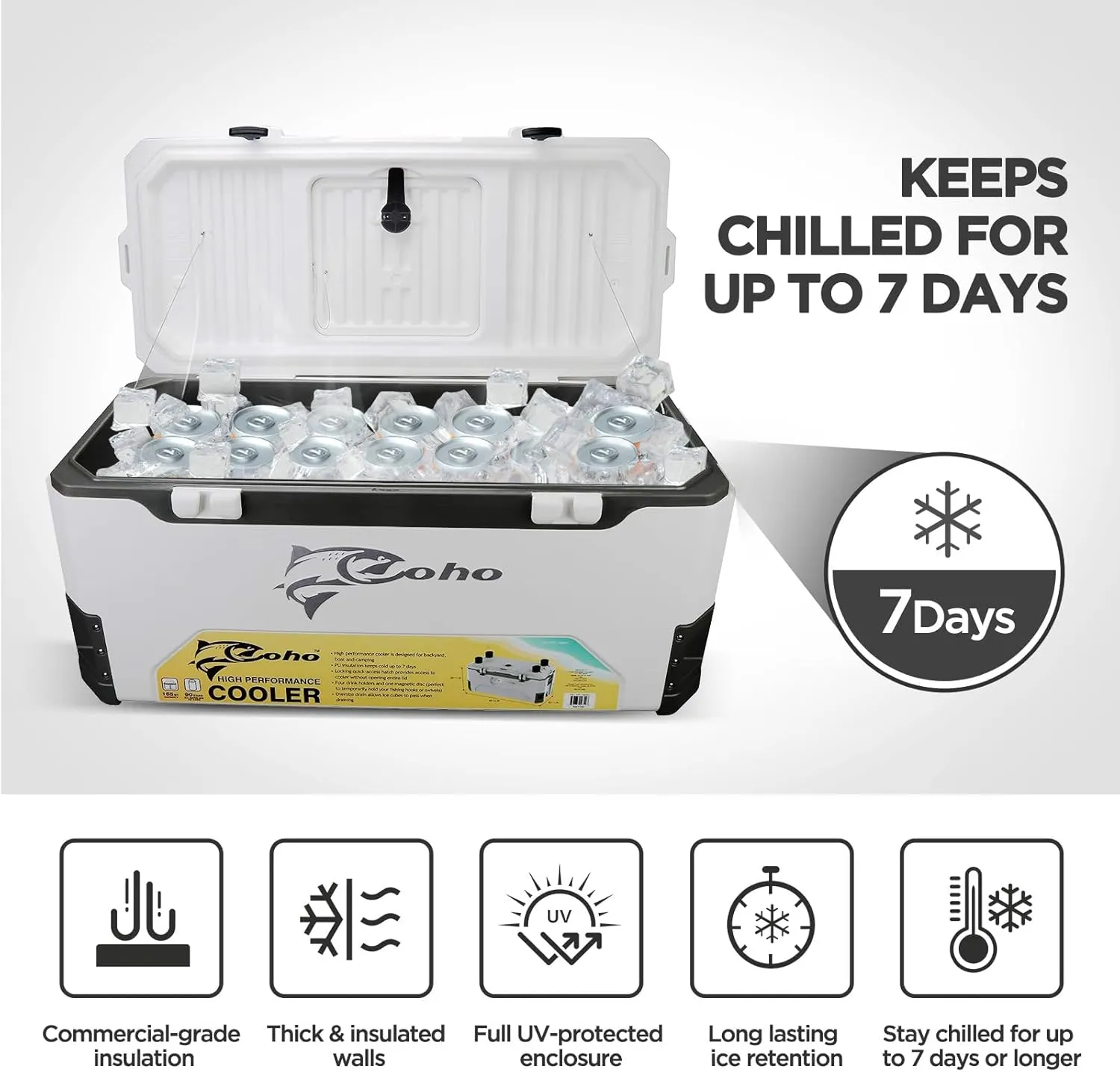 COHO 165QT Insulated Hard Cooler with Fish Ruler, Removable Cup Holders, Magnetic Disc & Tie-Down Loops, Ice Chest for Camping, Boating & Outdoor Use, Keeps Ice Up to 7 Days