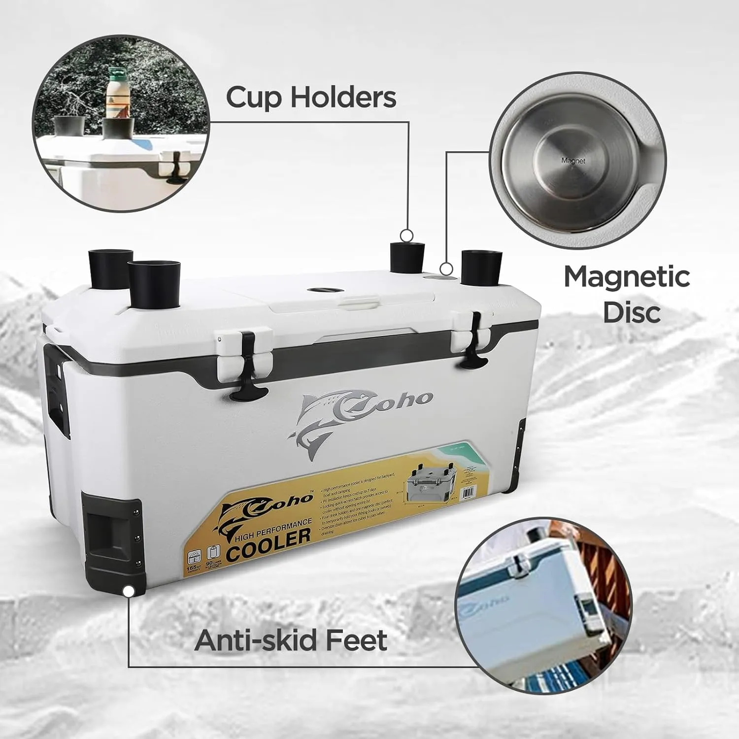 COHO 165QT Insulated Hard Cooler with Fish Ruler, Removable Cup Holders, Magnetic Disc & Tie-Down Loops, Ice Chest for Camping, Boating & Outdoor Use, Keeps Ice Up to 7 Days