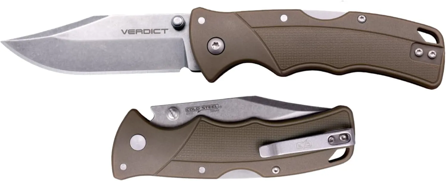 Cold Steel Verdict 3" 4116SS Clip Point Blade 4.25" GFN Flat Dark Earth Handle Everyday Carry Tactical Folding Knife, Blister Pack