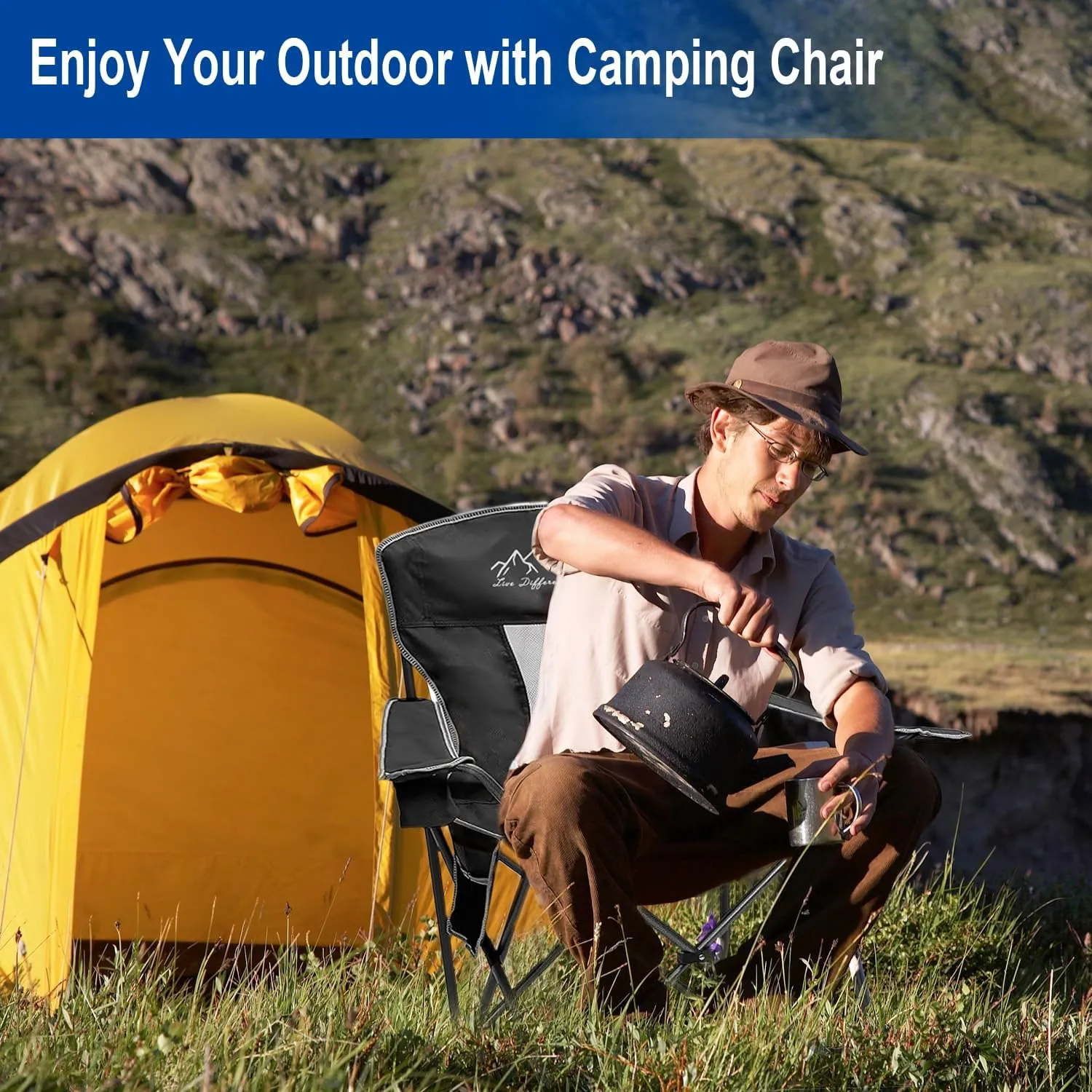 Collapsible Folding Camping Chairs Heavy Duty Lawn Foldable Chair with Cooler Bag, Storage Pocket, Waterproof Bag Outdoor Arm Sport Chair, Supports 325LBS, Black