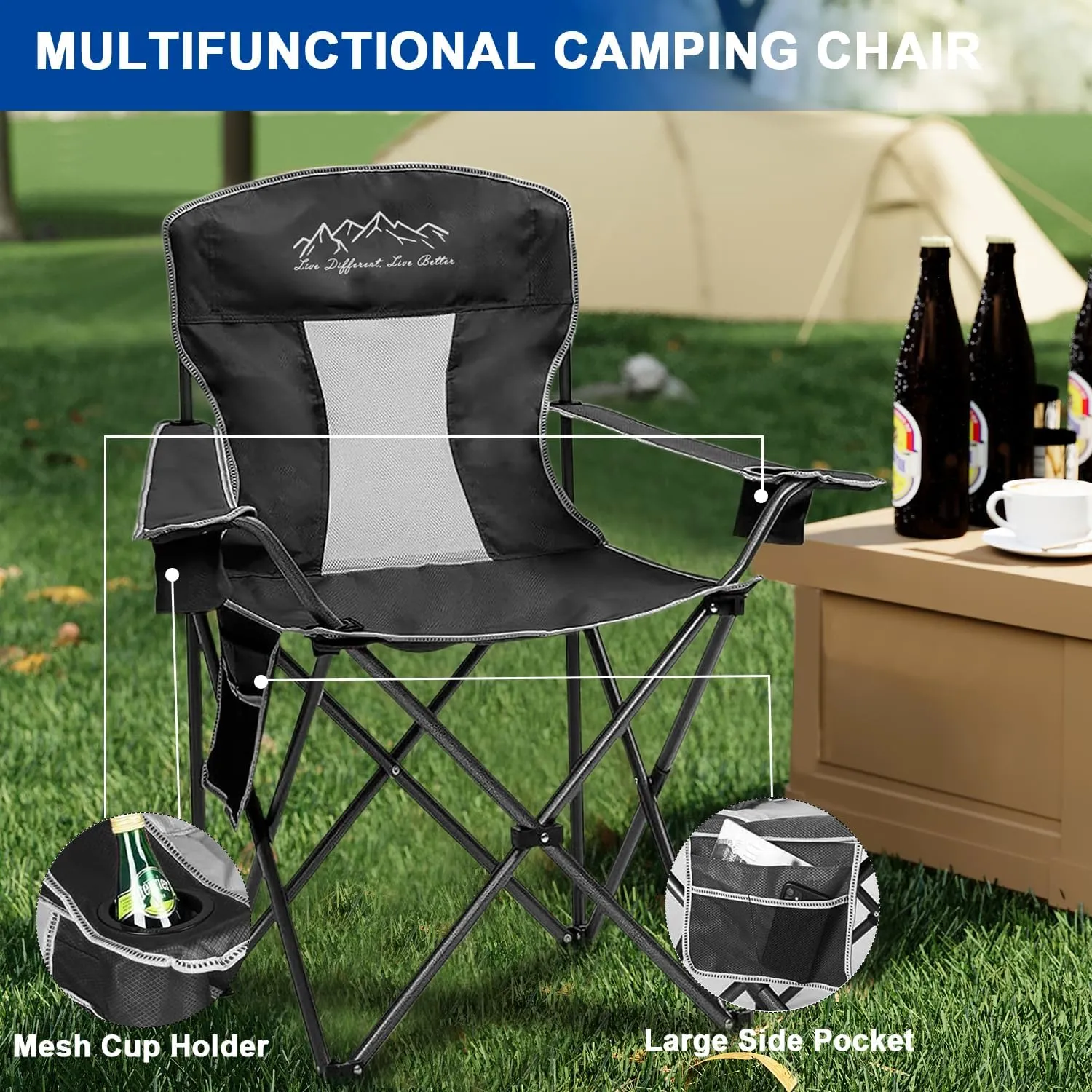 Collapsible Folding Camping Chairs Heavy Duty Lawn Foldable Chair with Cooler Bag, Storage Pocket, Waterproof Bag Outdoor Arm Sport Chair, Supports 325LBS, Black