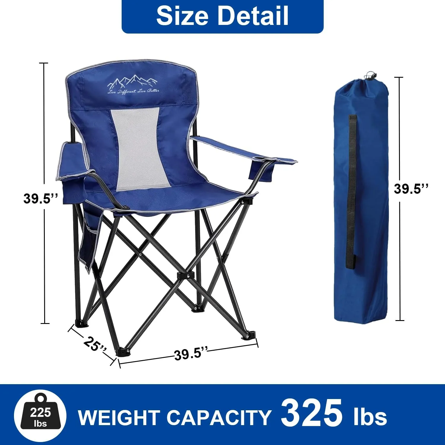 Collapsible Folding Camping Chairs Heavy Duty Lawn Foldable Chair with Cooler Bag, Storage Pocket, Waterproof Bag Outdoor Arm Sport Chair, Supports 325LBS, Blue