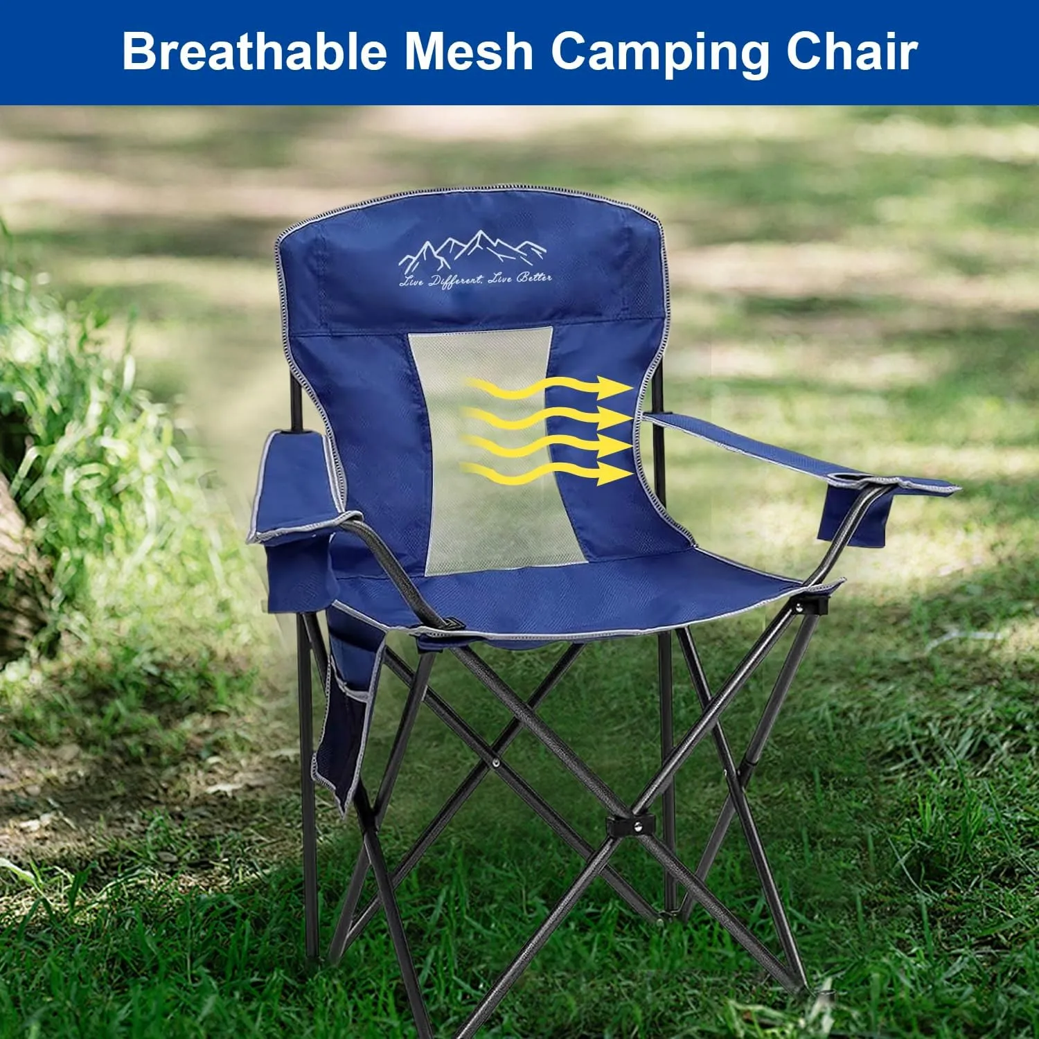 Collapsible Folding Camping Chairs Heavy Duty Lawn Foldable Chair with Cooler Bag, Storage Pocket, Waterproof Bag Outdoor Arm Sport Chair, Supports 325LBS, Blue