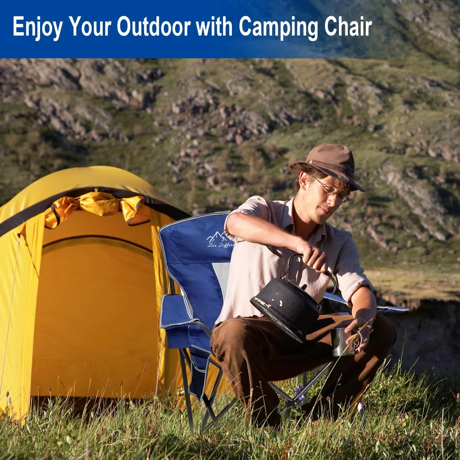 Collapsible Folding Camping Chairs Heavy Duty Lawn Foldable Chair with Cooler Bag, Storage Pocket, Waterproof Bag Outdoor Arm Sport Chair, Supports 325LBS, Blue