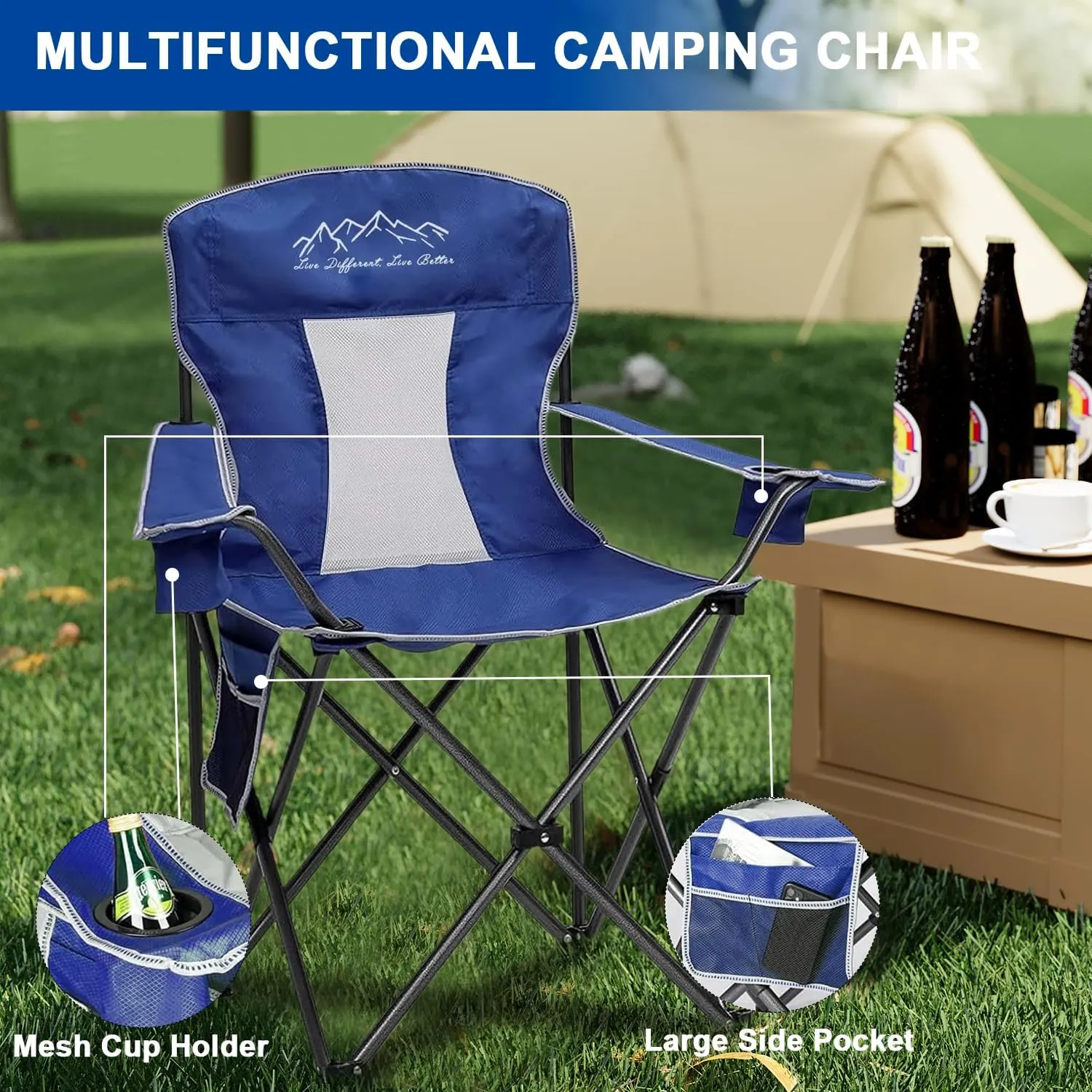 Collapsible Folding Camping Chairs Heavy Duty Lawn Foldable Chair with Cooler Bag, Storage Pocket, Waterproof Bag Outdoor Arm Sport Chair, Supports 325LBS, Blue
