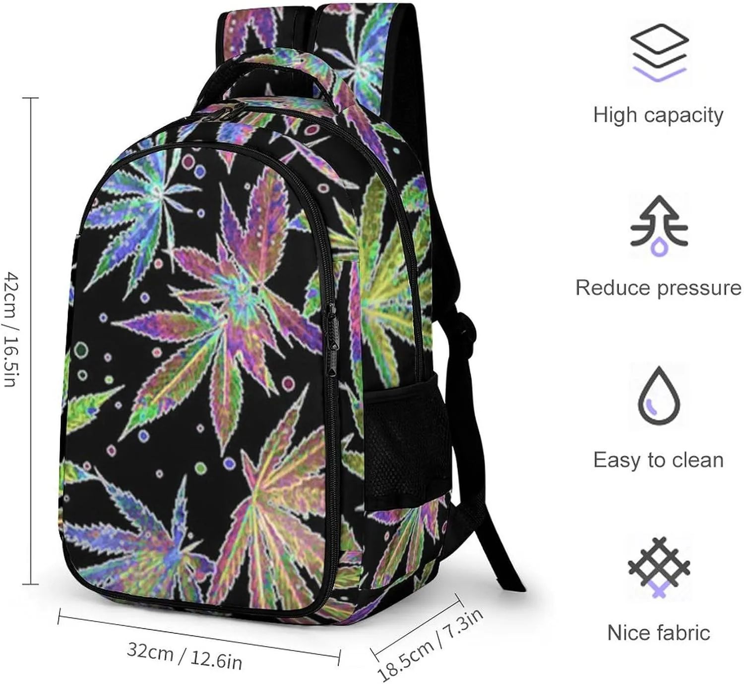 Colorful Neon Pot Leaf Weeds Capacity Commuter Lightweight Fashion Travel Backpack Unisex