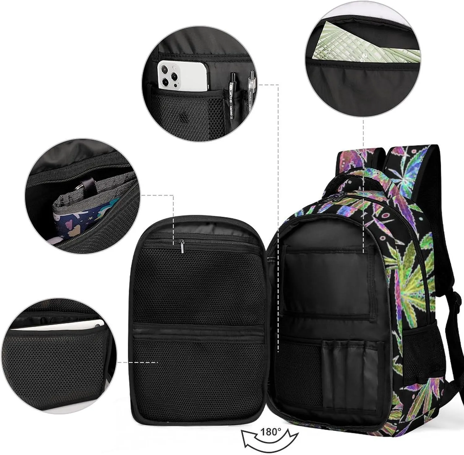 Colorful Neon Pot Leaf Weeds Capacity Commuter Lightweight Fashion Travel Backpack Unisex