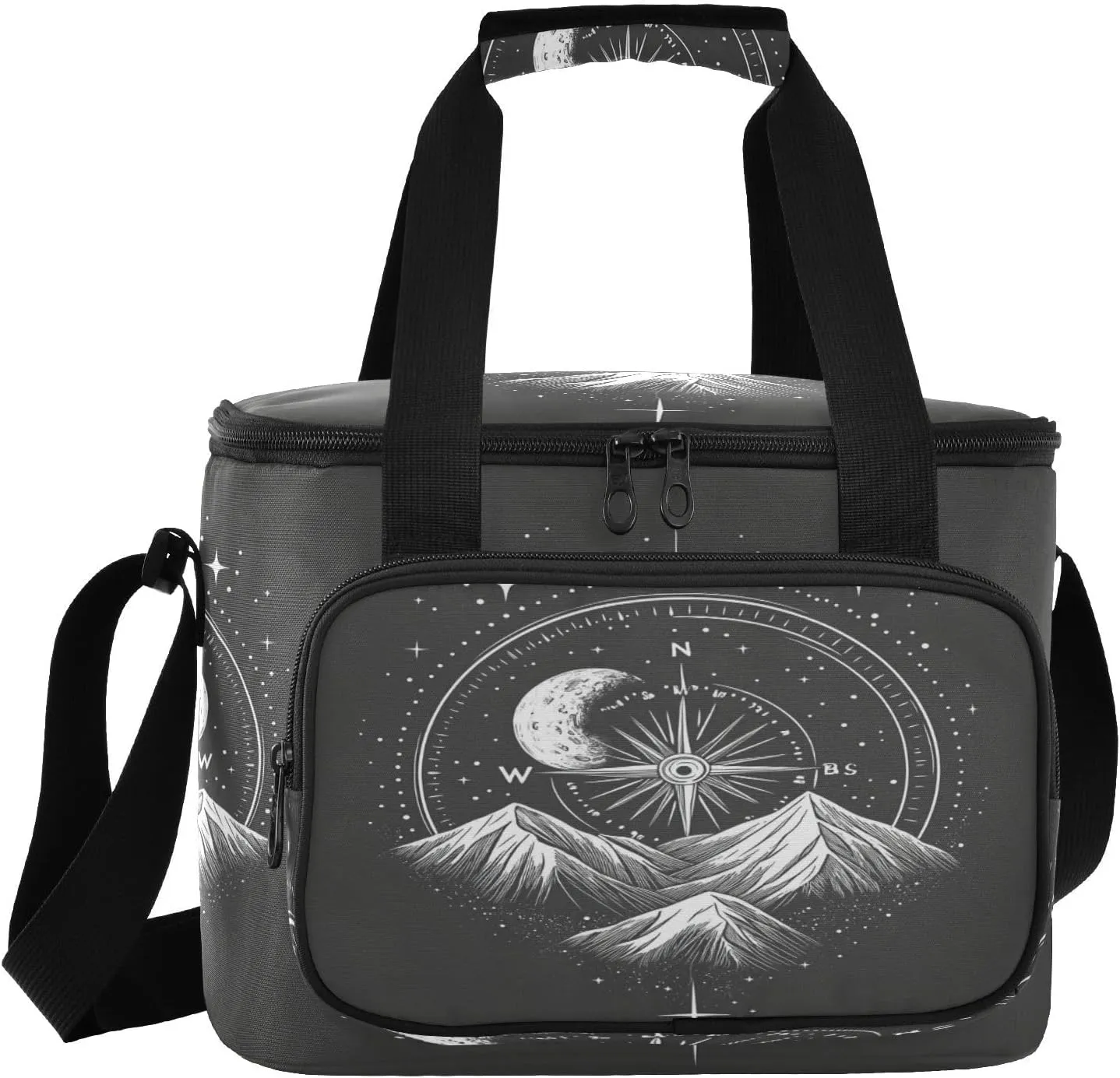 Compass Moon Star Black Insulated Cooler Bag for Women Men Leakproof 24 Can Camping Cooling Bag for Beach Hiking Everyday Use