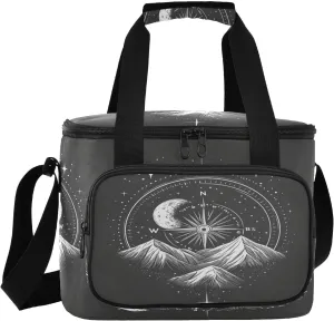 Compass Moon Star Black Insulated Cooler Bag for Women Men Leakproof 24 Can Camping Cooling Bag for Beach Hiking Everyday Use