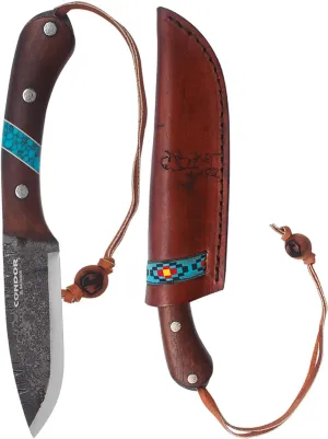 Condor Tool & Knife Blue River Fixed Blade Knife - 1095 High-Carbon Steel Blade with Full-Tang Construction - Walnut Handle with Turquoise Stone Inlay - Ideal for Bushcraft, Camping & Survival