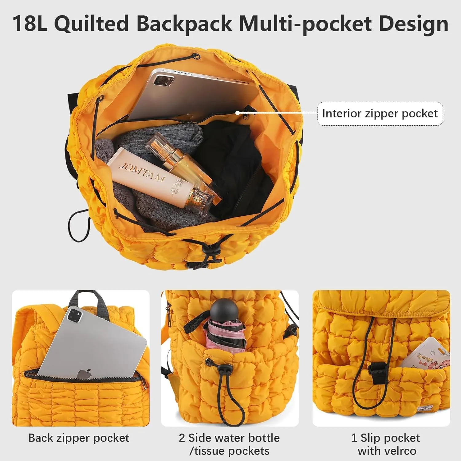 CONTAIL 18L Quilted Puffer Backpack for Women,Lightweight Puffy Hiker Pack,Yellow