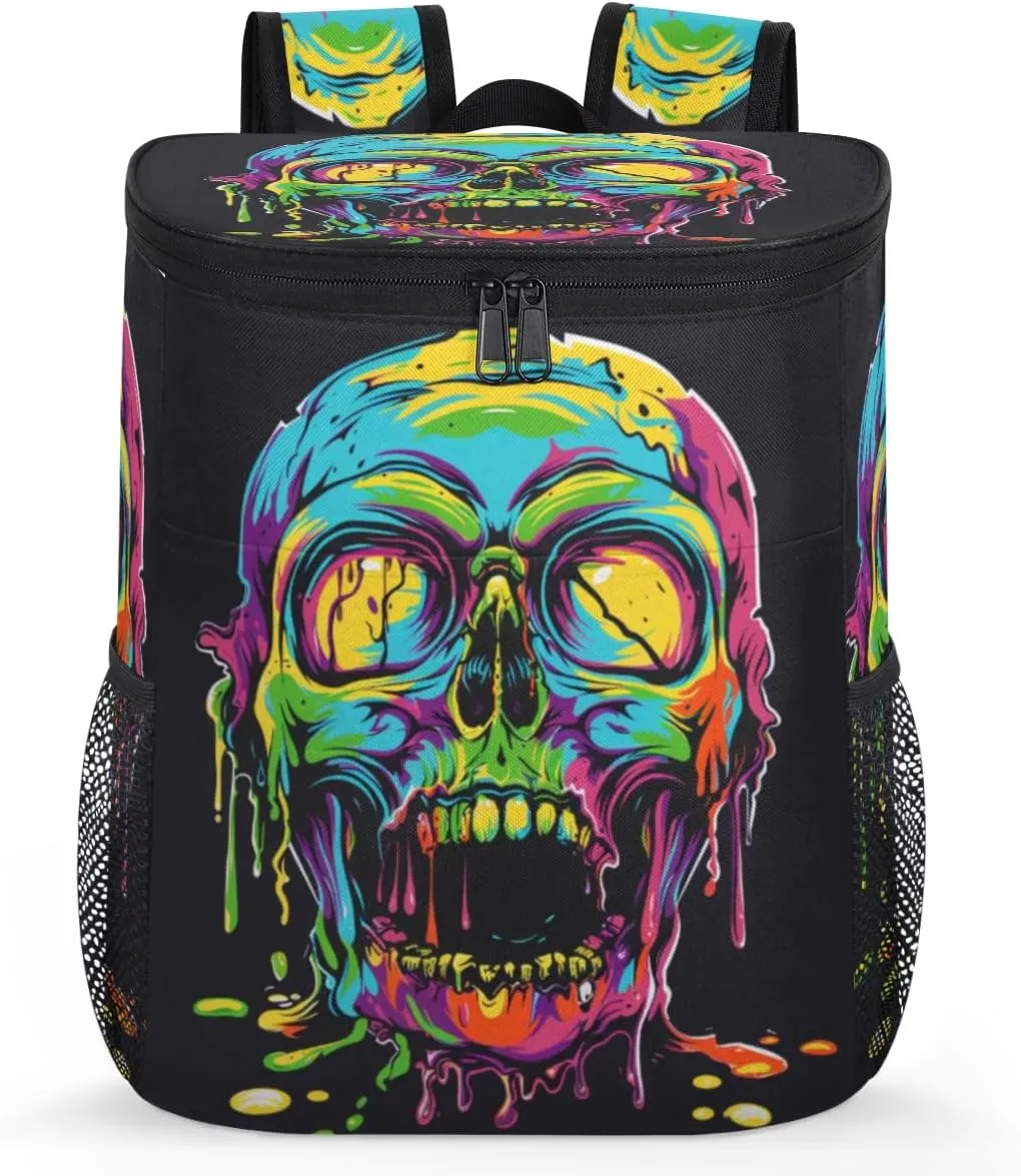 Cooler Backpack 30 Cans, Rainbow Zommbie Skull Insulated Backpack Cooler Leak Proof Lunch Picnic Beach Work Trip Thermal Bag Drink Beverage Beer Soft Cooler Bag