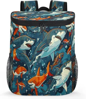 Cooler Backpack 30 Cans, Sea Animal Sharks Pattern Insulated Backpack Cooler Leak Proof Lunch Picnic Beach Work Trip Thermal Bag Drink Beverage Beer Soft Cooler Bag